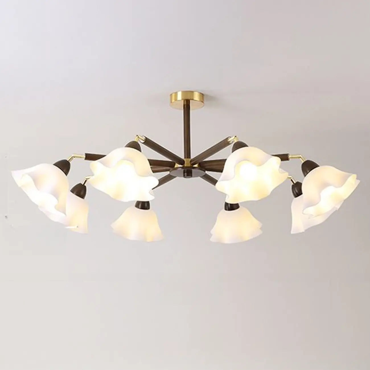 Elegant Down Floral Glass Shade Wood Semi Flush Ceiling Light