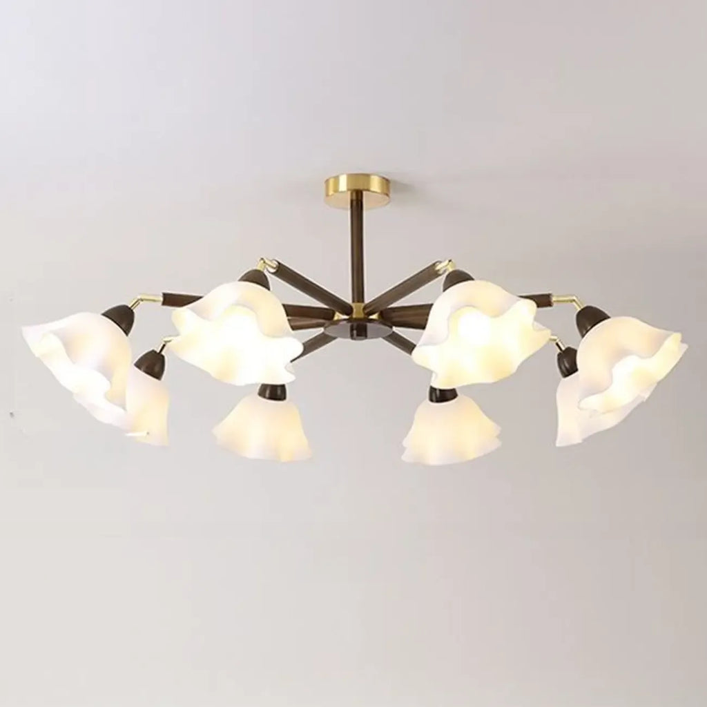 Elegant Down Floral Glass Shade Wood Semi Flush Ceiling Light
