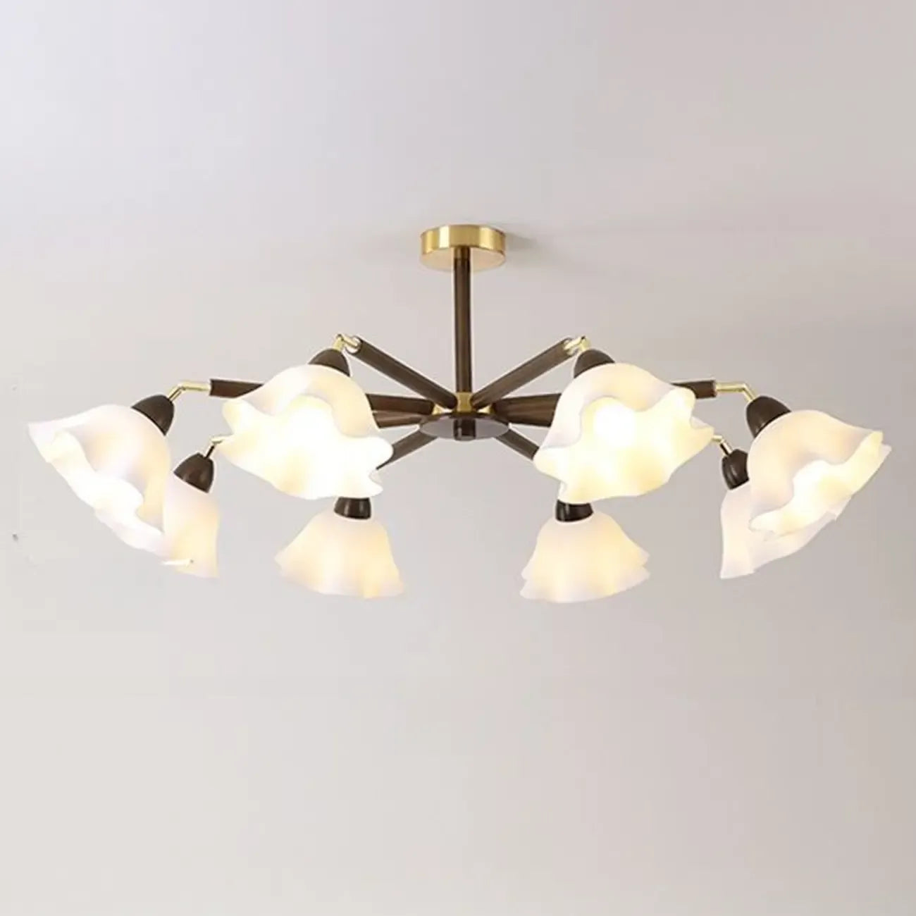 Elegant Down Floral Glass Shade Wood Semi Flush Ceiling Light