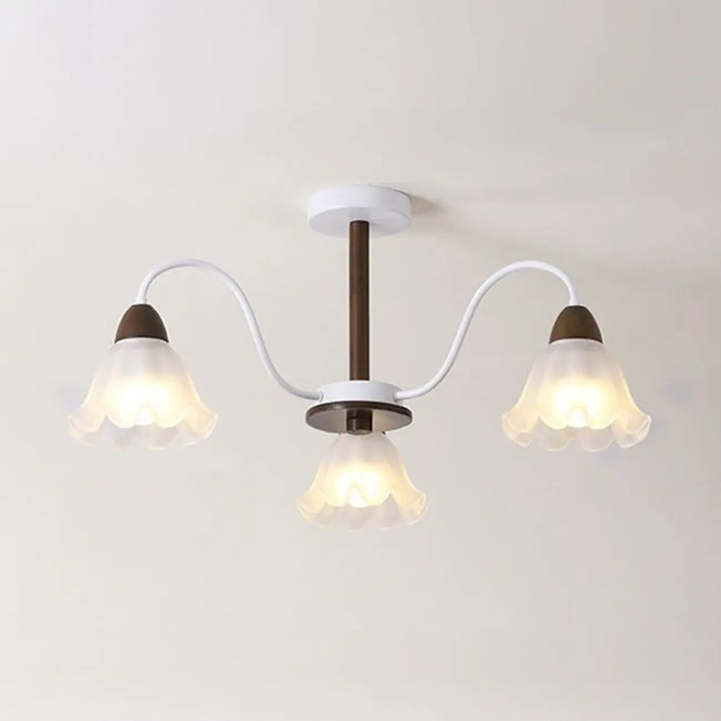 Elegant Down Floral Glass Shade Wood Semi Flush Ceiling Light