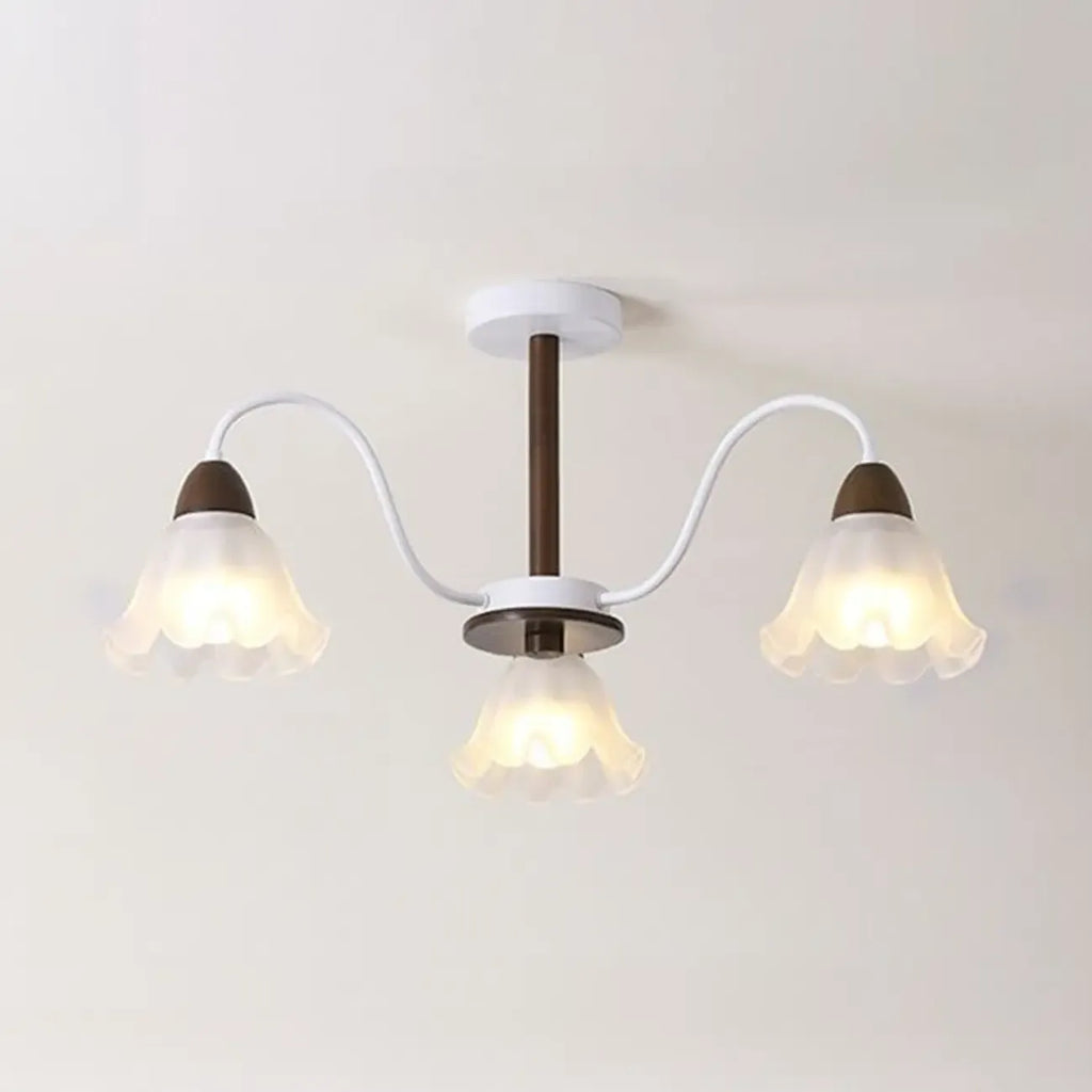 Elegant Down Floral Glass Shade Wood Semi Flush Ceiling Light