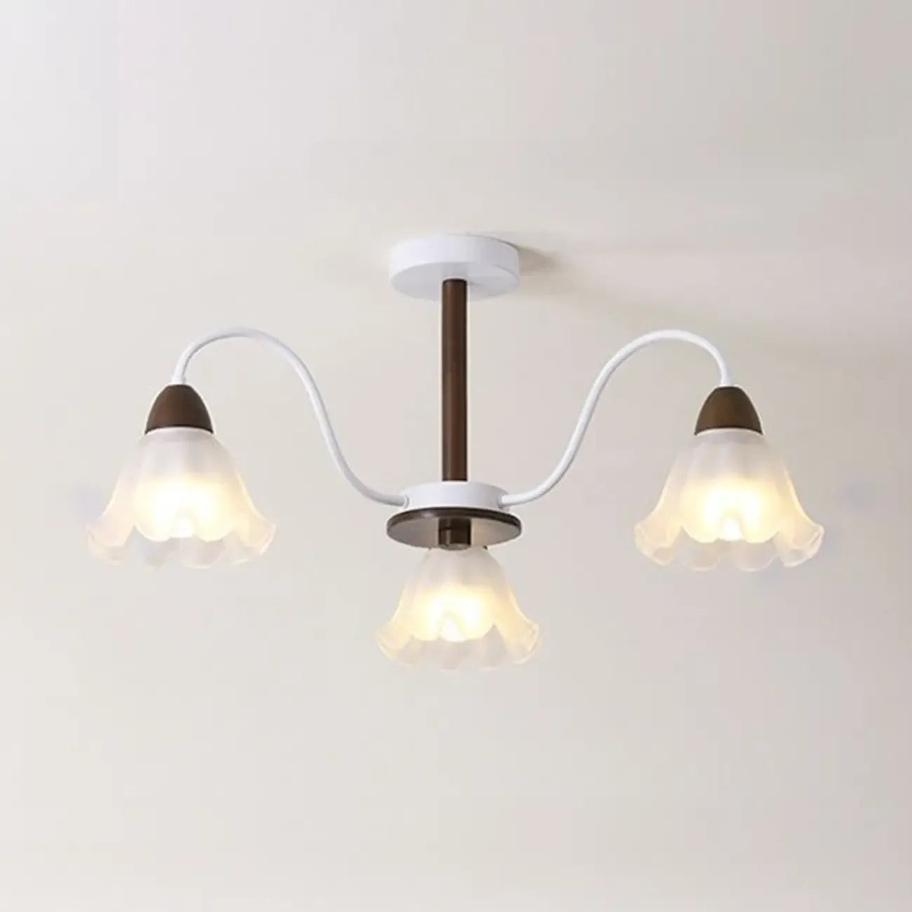 Elegant Down Floral Glass Shade Wood Semi Flush Ceiling Light