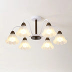Elegant Down Floral Glass Shade Wood Semi Flush Ceiling Light