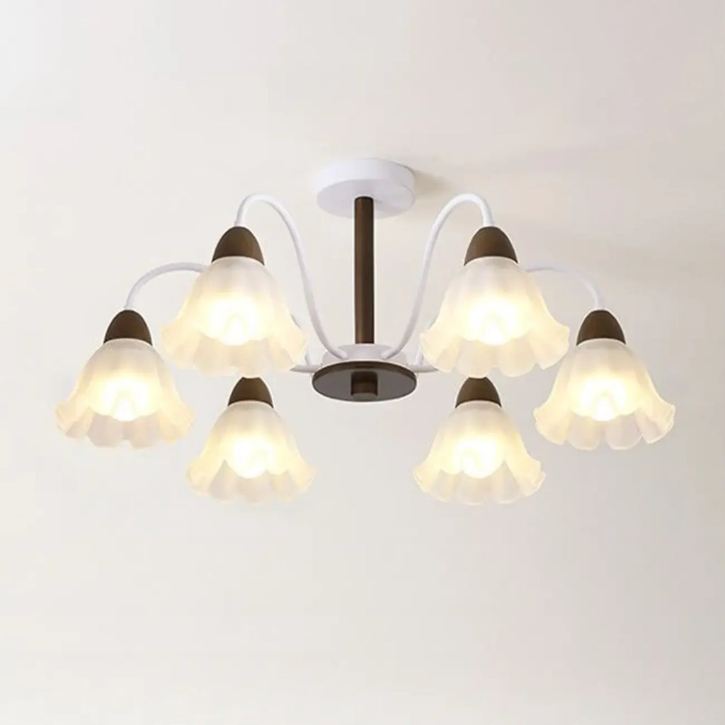 Elegant Down Floral Glass Shade Wood Semi Flush Ceiling Light