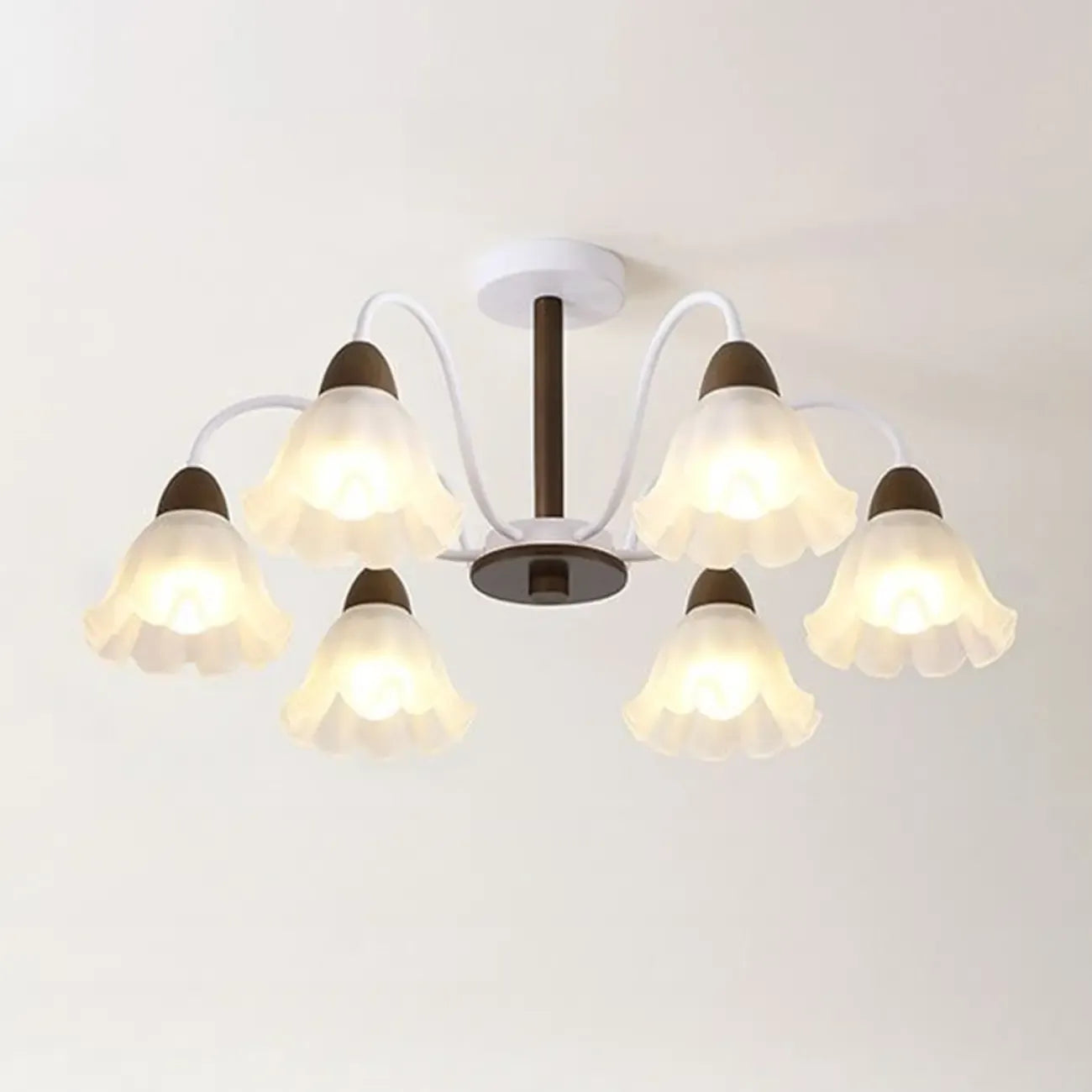 Elegant Down Floral Glass Shade Wood Semi Flush Ceiling Light
