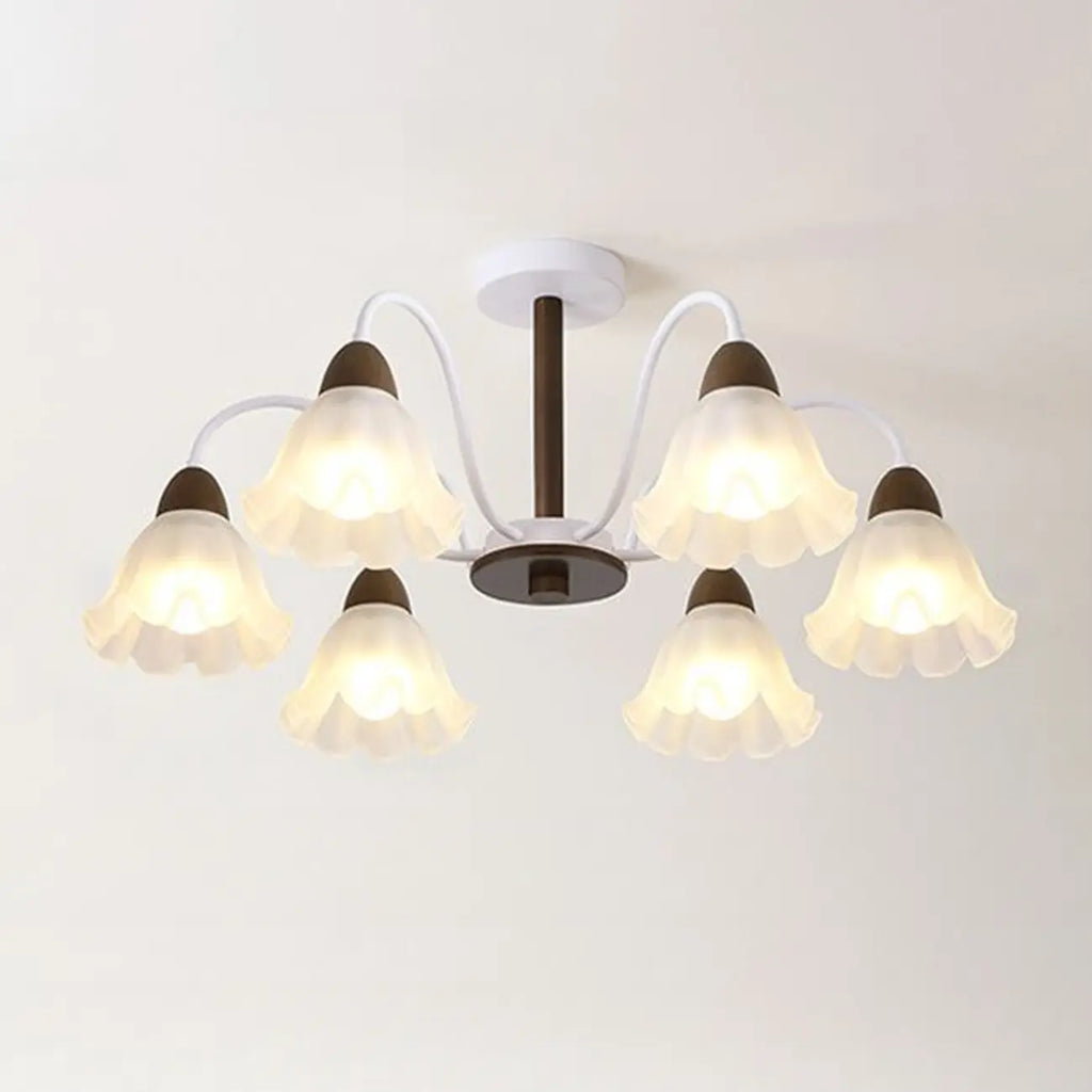Elegant Down Floral Glass Shade Wood Semi Flush Ceiling Light
