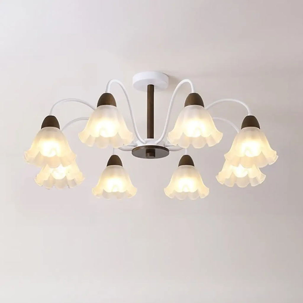Elegant Down Floral Glass Shade Wood Semi Flush Ceiling Light