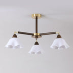Elegant Down Floral Glass Shade Wood Semi Flush Ceiling Light