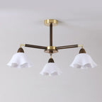 Elegant Down Floral Glass Shade Wood Semi Flush Ceiling Light