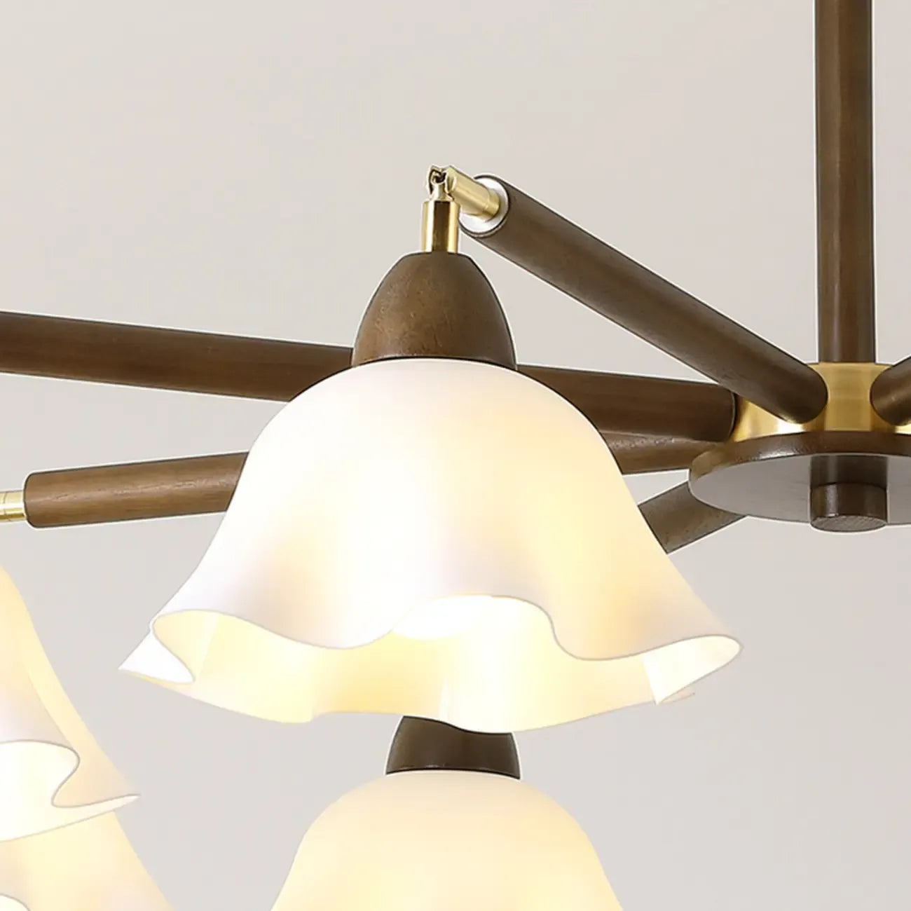 Elegant Down Floral Glass Shade Wood Semi Flush Ceiling Light