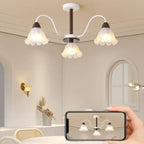Elegant Down Floral Glass Shade Wood Semi Flush Ceiling Light