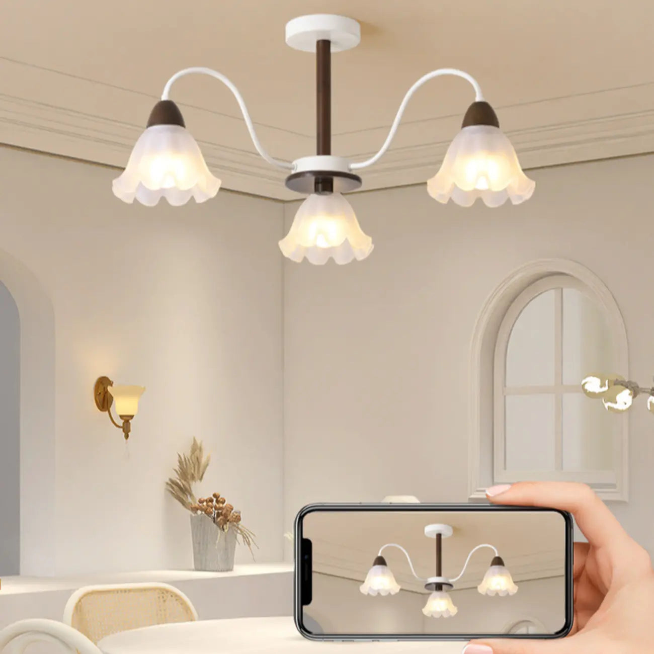 Elegant Down Floral Glass Shade Wood Semi Flush Ceiling Light