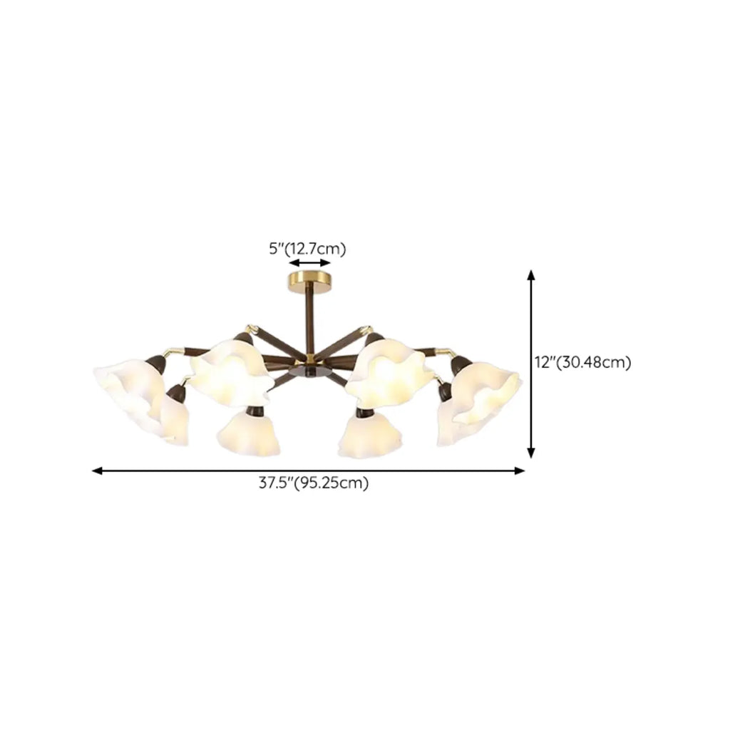 Elegant Down Floral Glass Shade Wood Semi Flush Ceiling Light