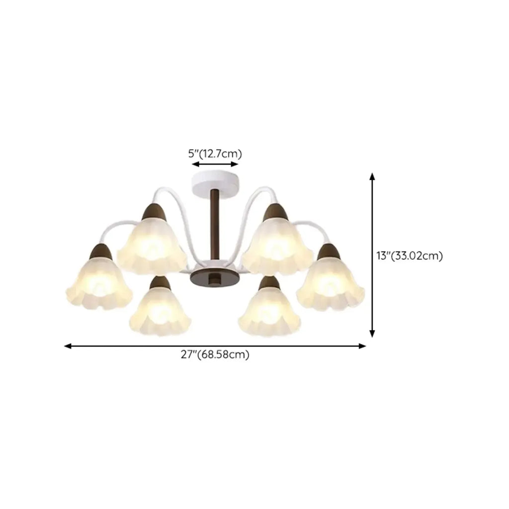 Elegant Down Floral Glass Shade Wood Semi Flush Ceiling Light