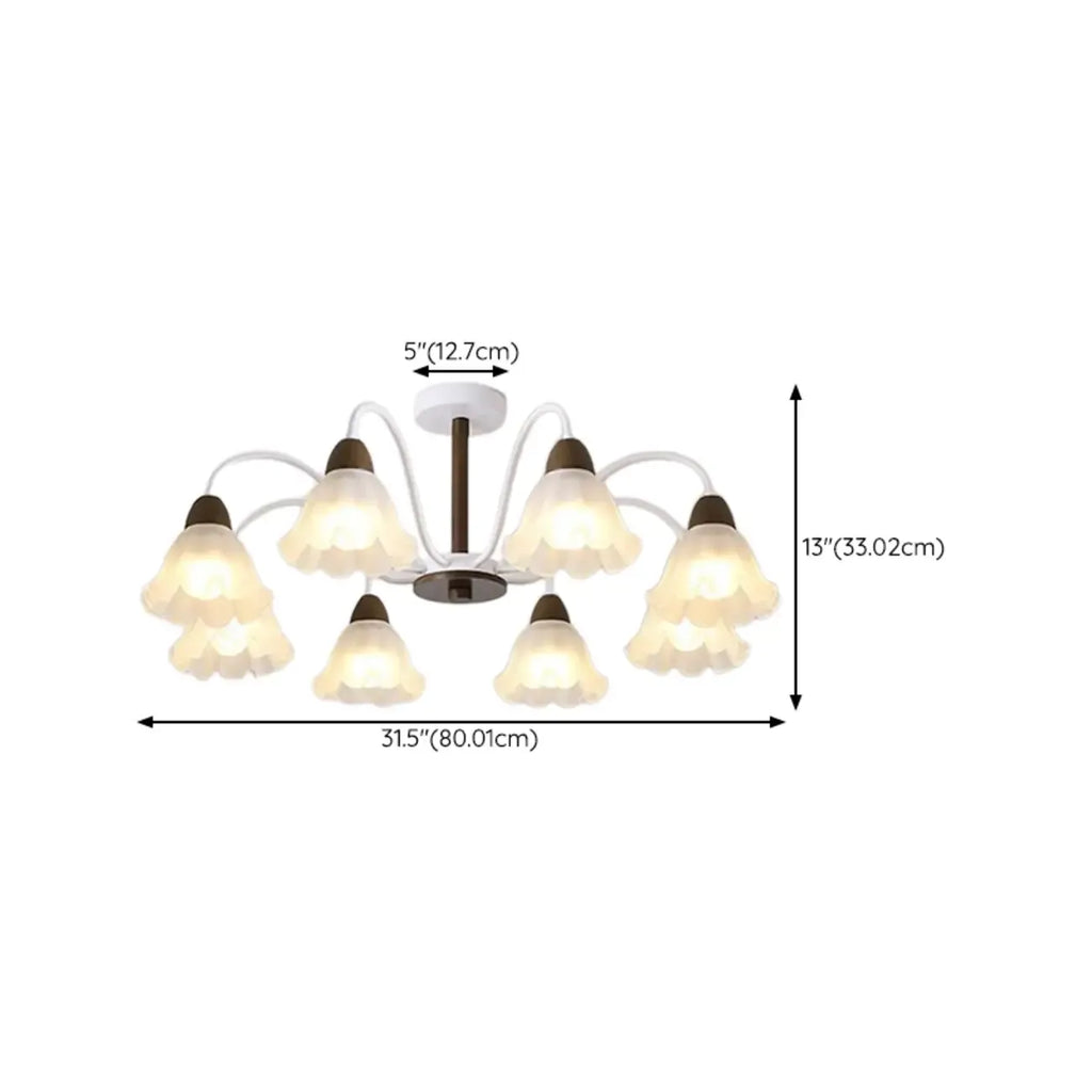 Elegant Down Floral Glass Shade Wood Semi Flush Ceiling Light