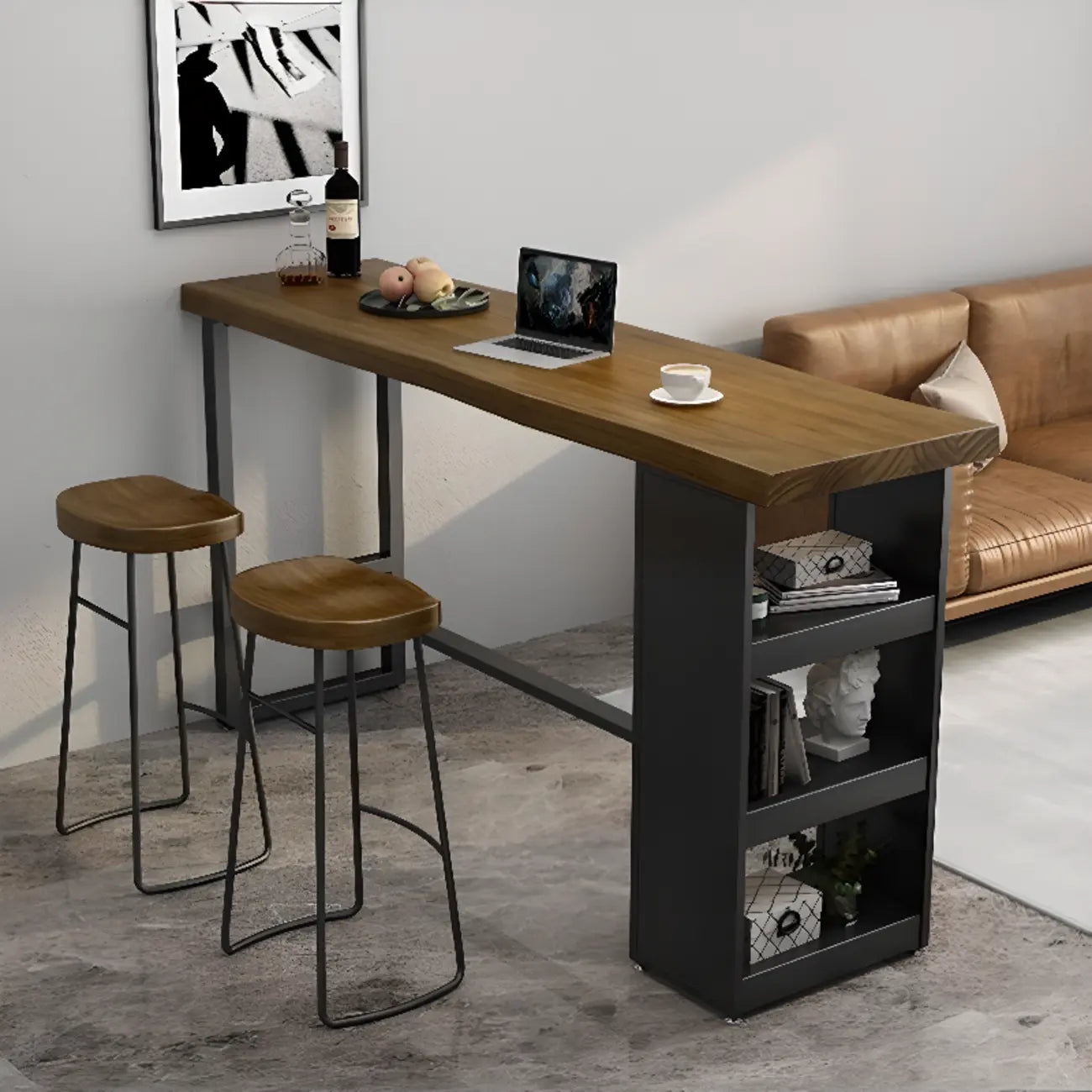 Industrial Brown Wooden Bar Height Table Metal Base with Shelves