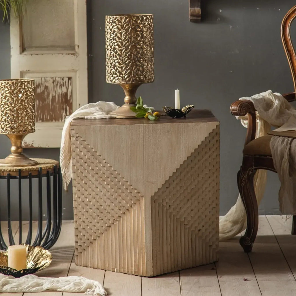 Rustic Natural Finish Wood Block Side Table for Living Room