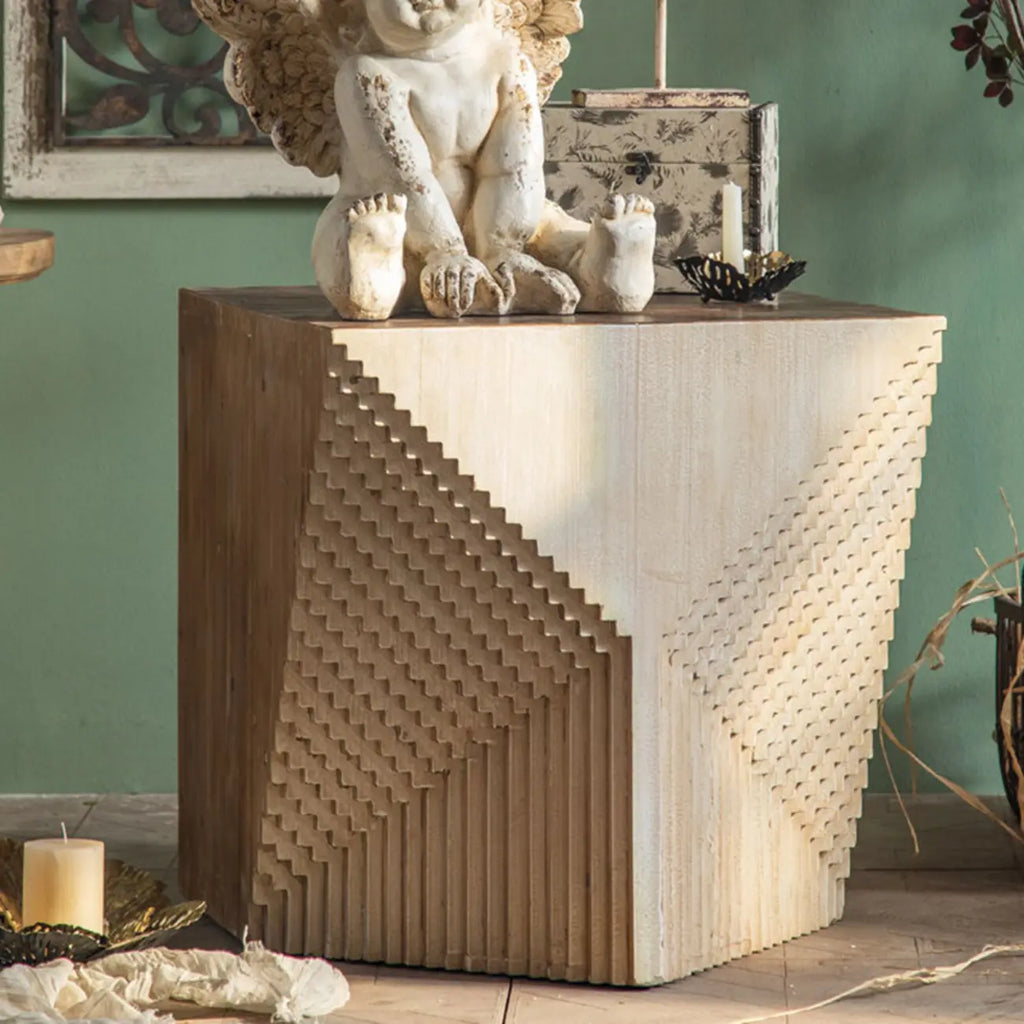 Rustic Natural Finish Wood Block Side Table for Living Room