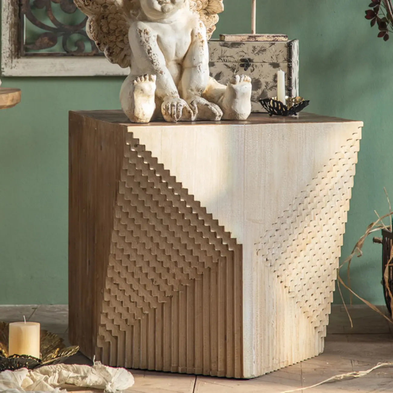 Rustic Natural Finish Wood Block Side Table for Living Room