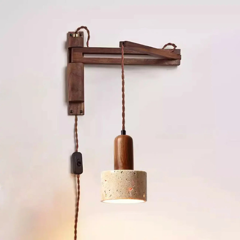 Rustic Stone Shade Adjustable Wooden Swing Arm Wall Light