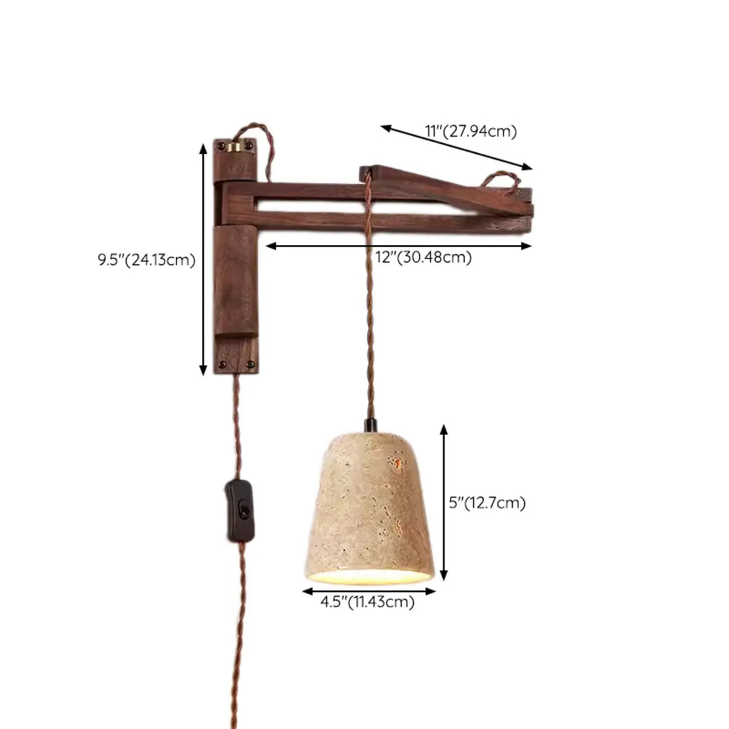Rustic Stone Shade Adjustable Wooden Swing Arm Wall Light