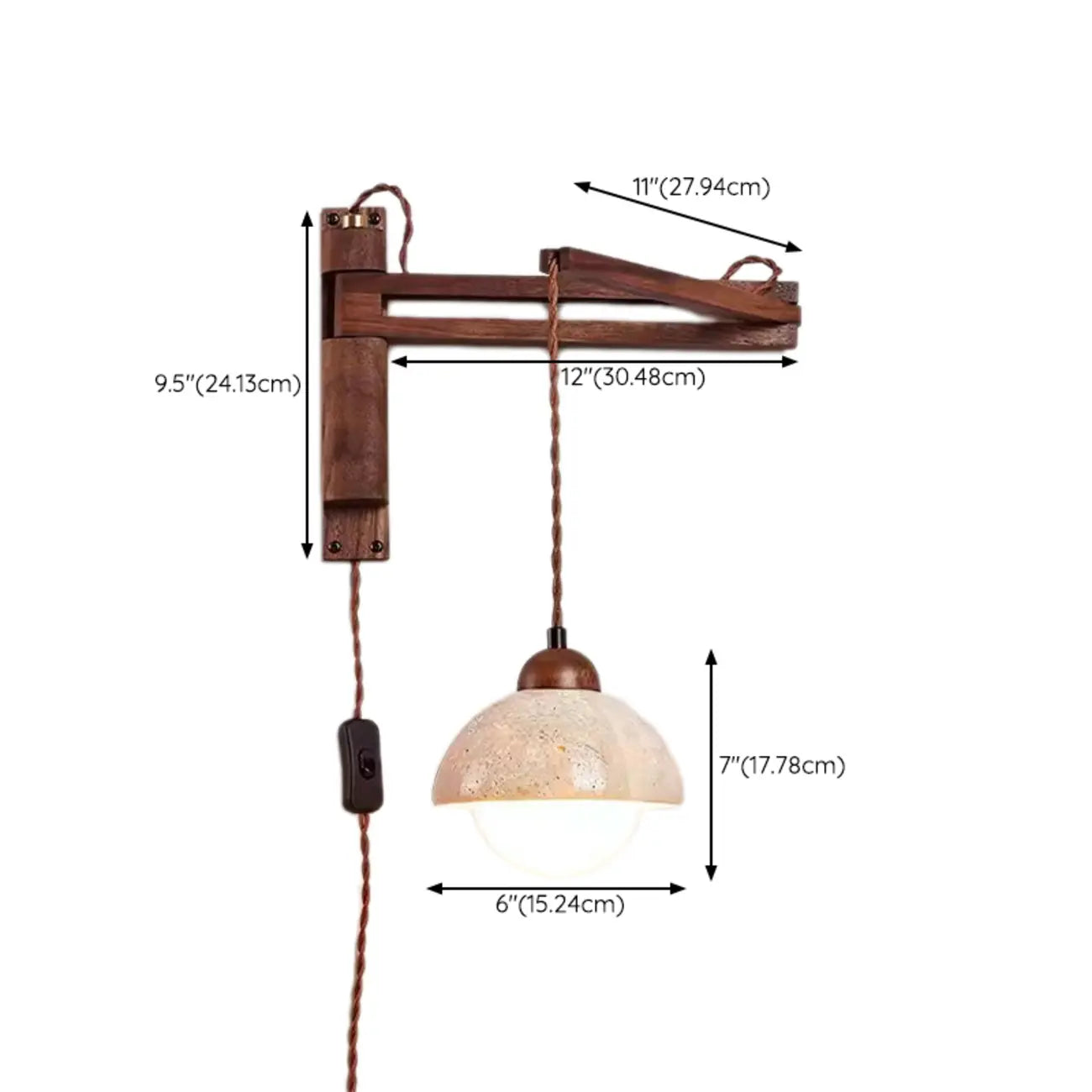Rustic Stone Shade Adjustable Wooden Swing Arm Wall Light