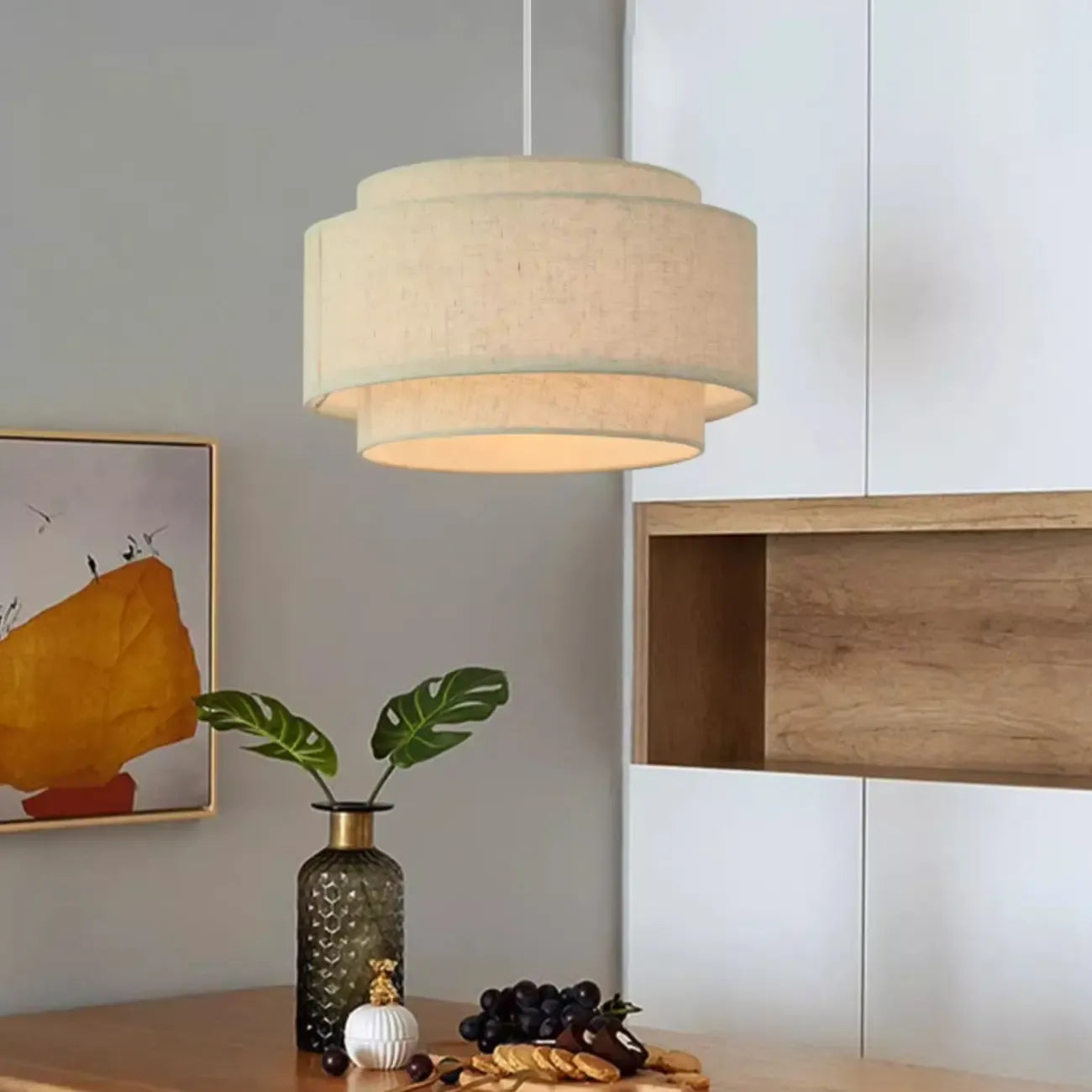 Beige Layered Elegance Fabric Pendant Light for Dining Area