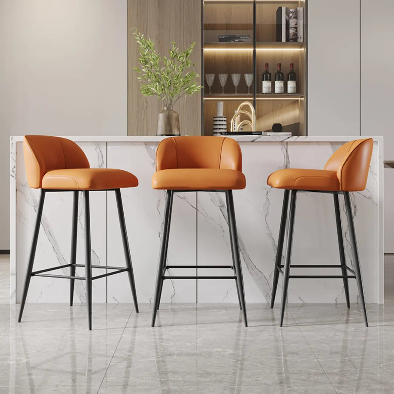 Orange Leather Footrest Low Back Upholstered Bar Stool