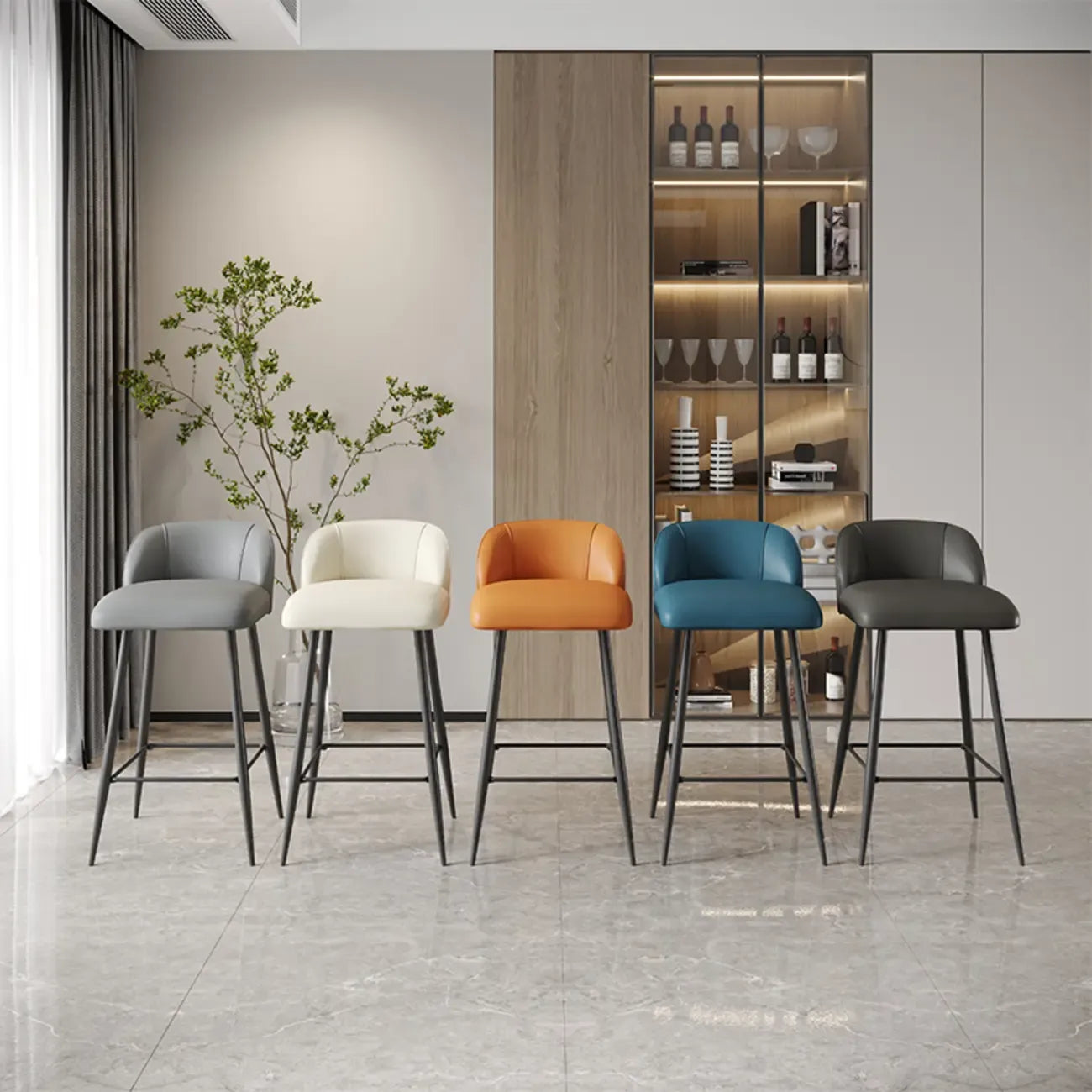 Orange Leather Footrest Low Back Upholstered Bar Stool