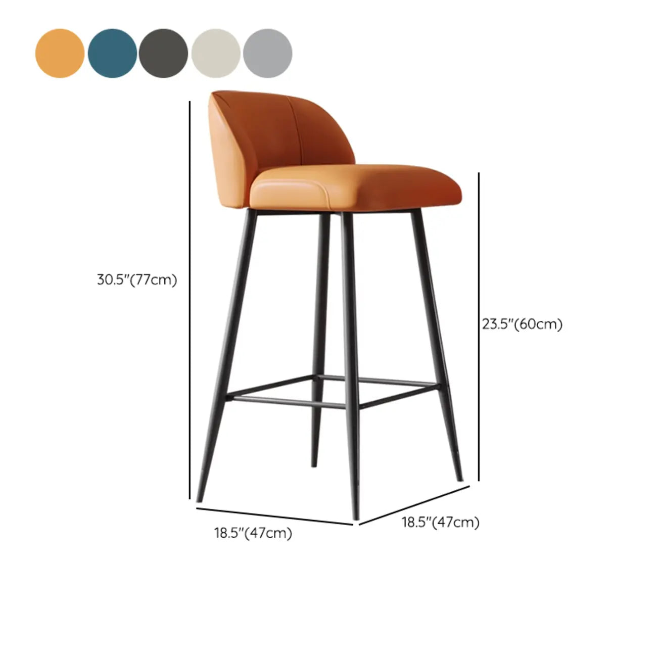 Orange Leather Footrest Low Back Upholstered Bar Stool