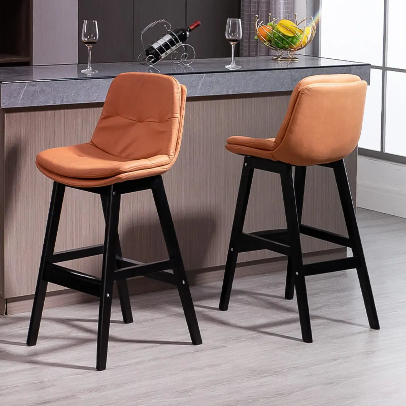 Scandinavian Wood Frame Leather Ergonomic Bucket Bar Stool