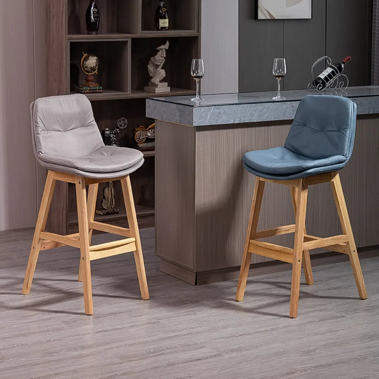 Scandinavian Wood Frame Leather Ergonomic Bucket Bar Stool