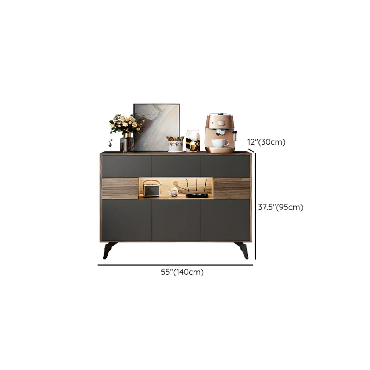63 Black Wood Cabinet TV Stand with Open Shelving and Lights