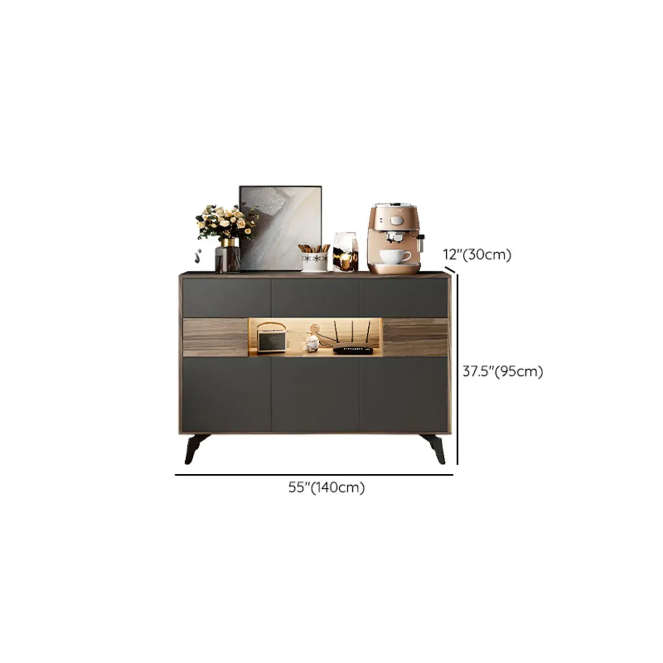 63 Black Wood Cabinet TV Stand with Open Shelving and Lights