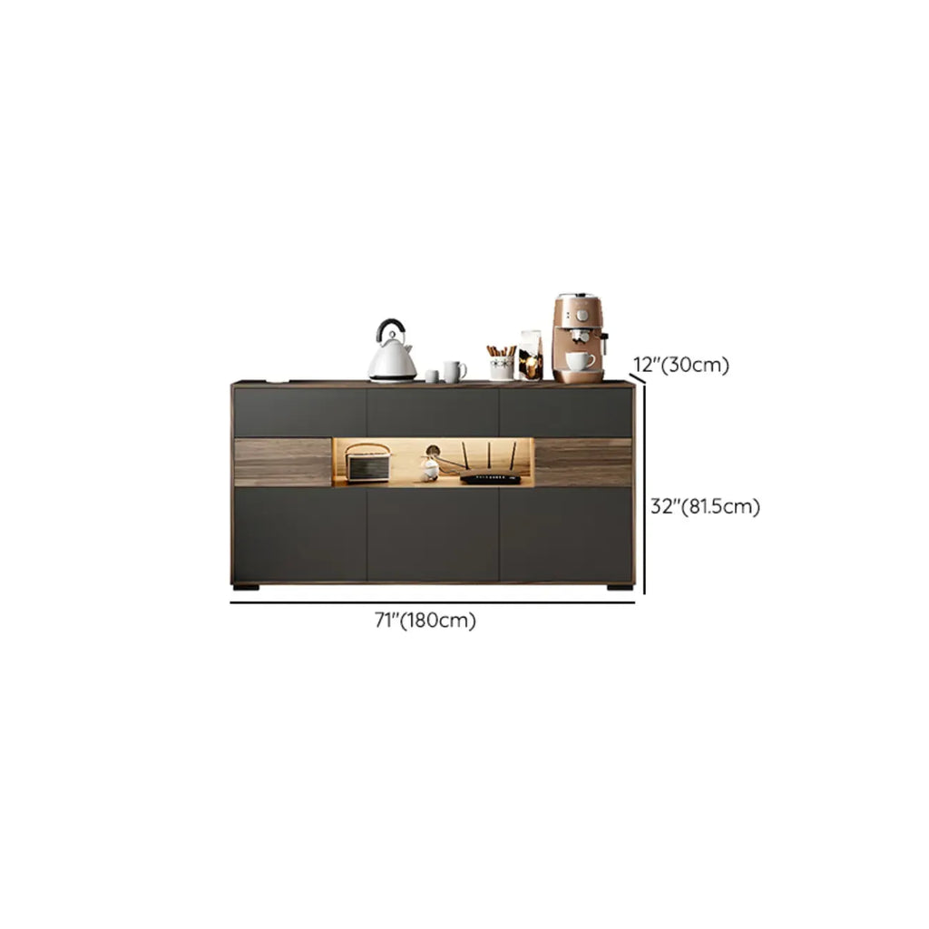 63 Black Wood Cabinet TV Stand with Open Shelving and Lights