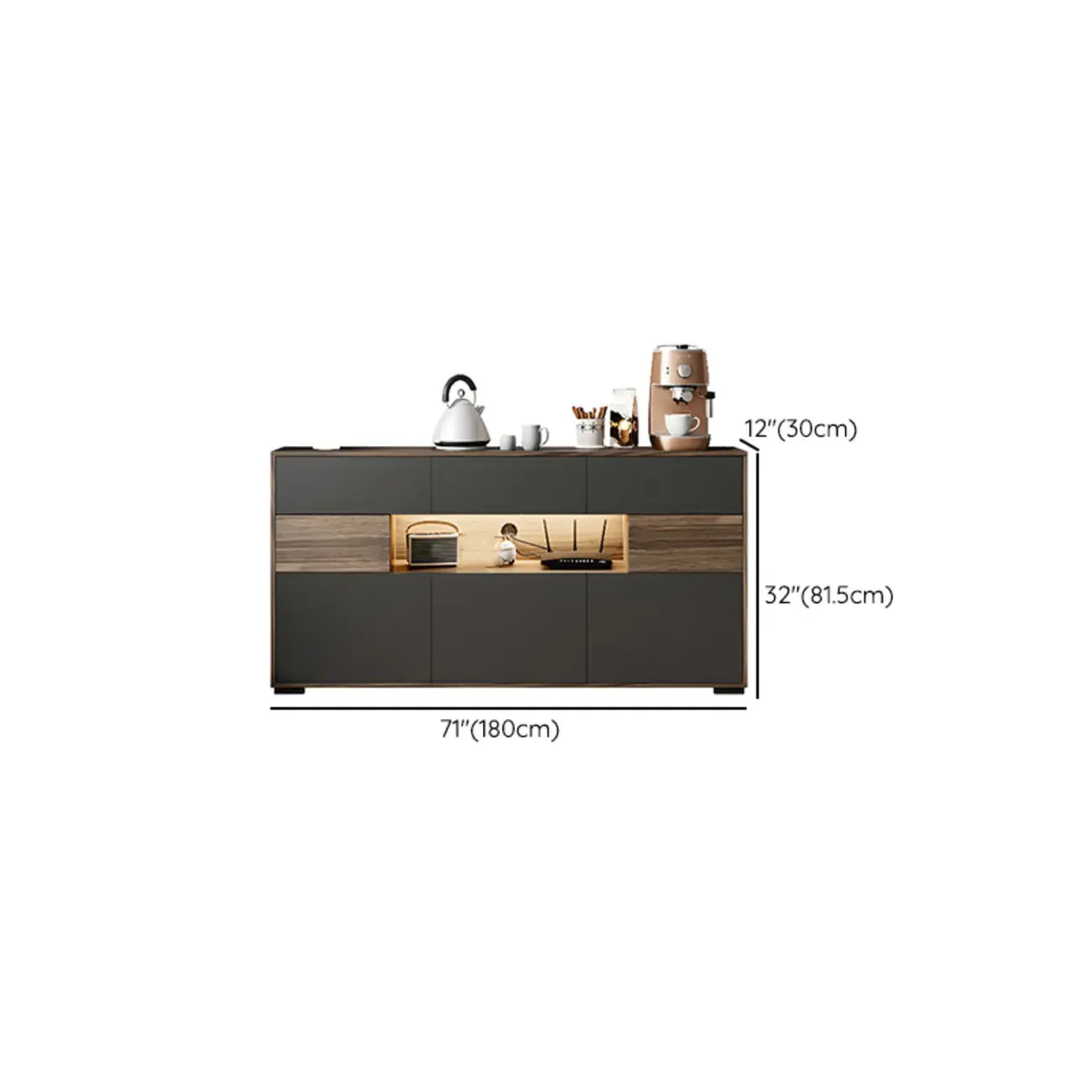 63 Black Wood Cabinet TV Stand with Open Shelving and Lights