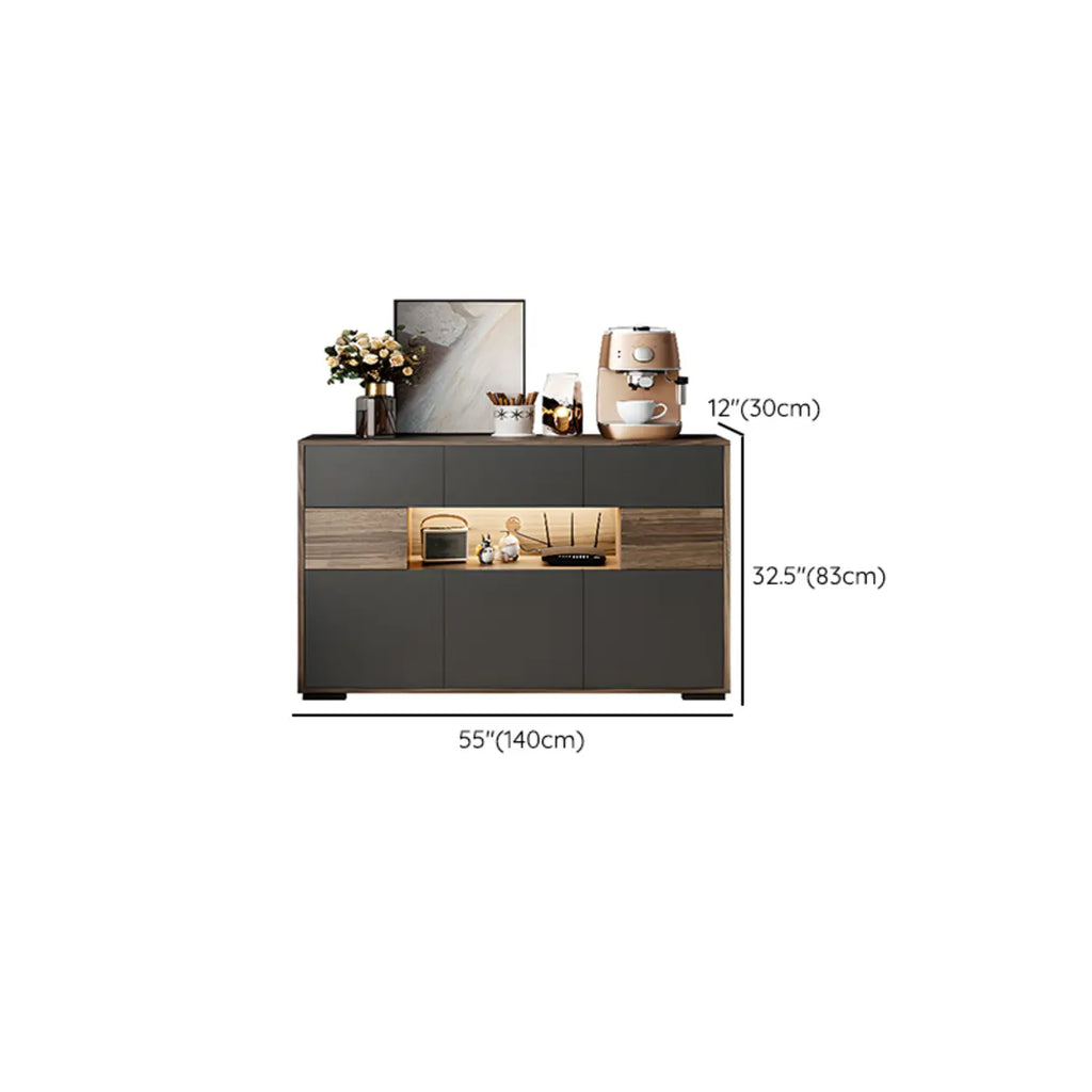 63 Black Wood Cabinet TV Stand with Open Shelving and Lights