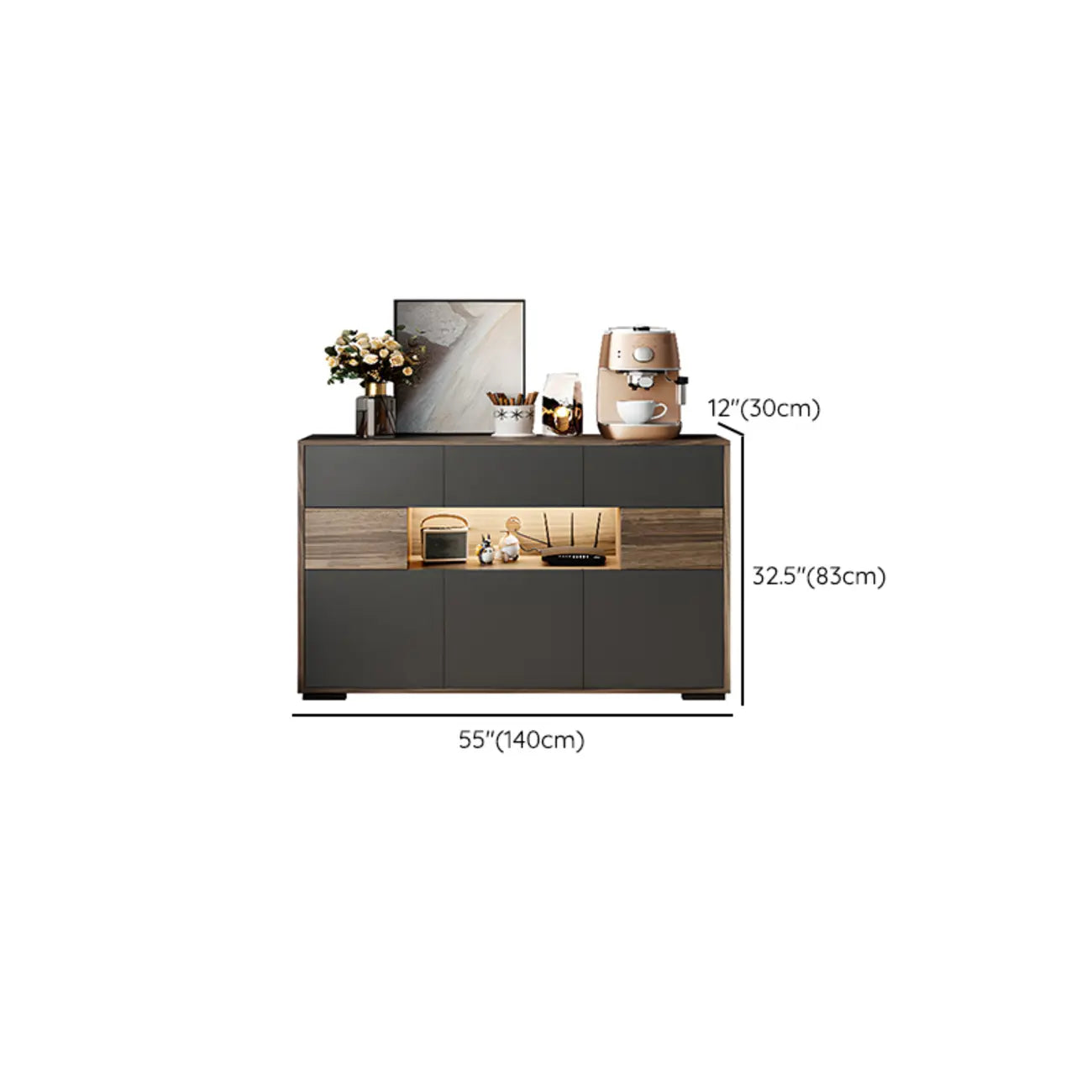 63 Black Wood Cabinet TV Stand with Open Shelving and Lights