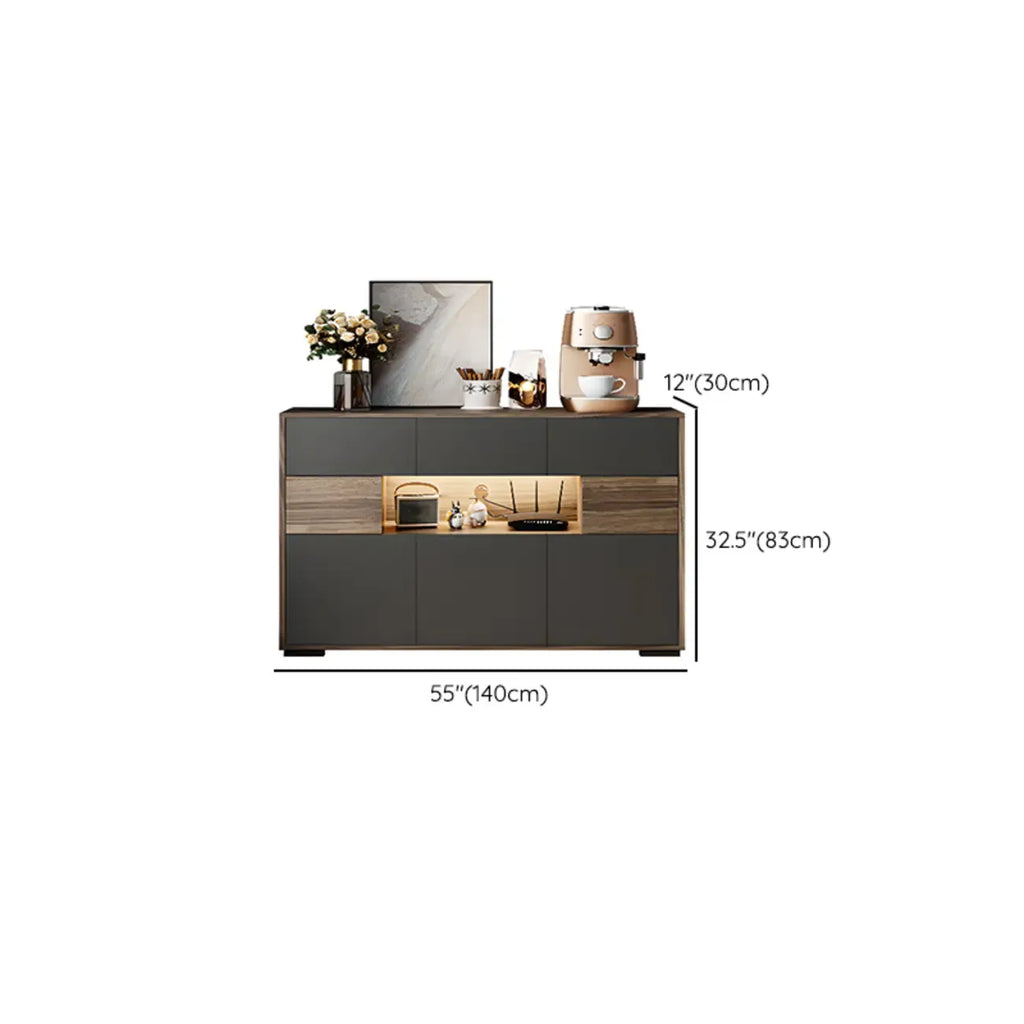 63 Black Wood Cabinet TV Stand with Open Shelving and Lights