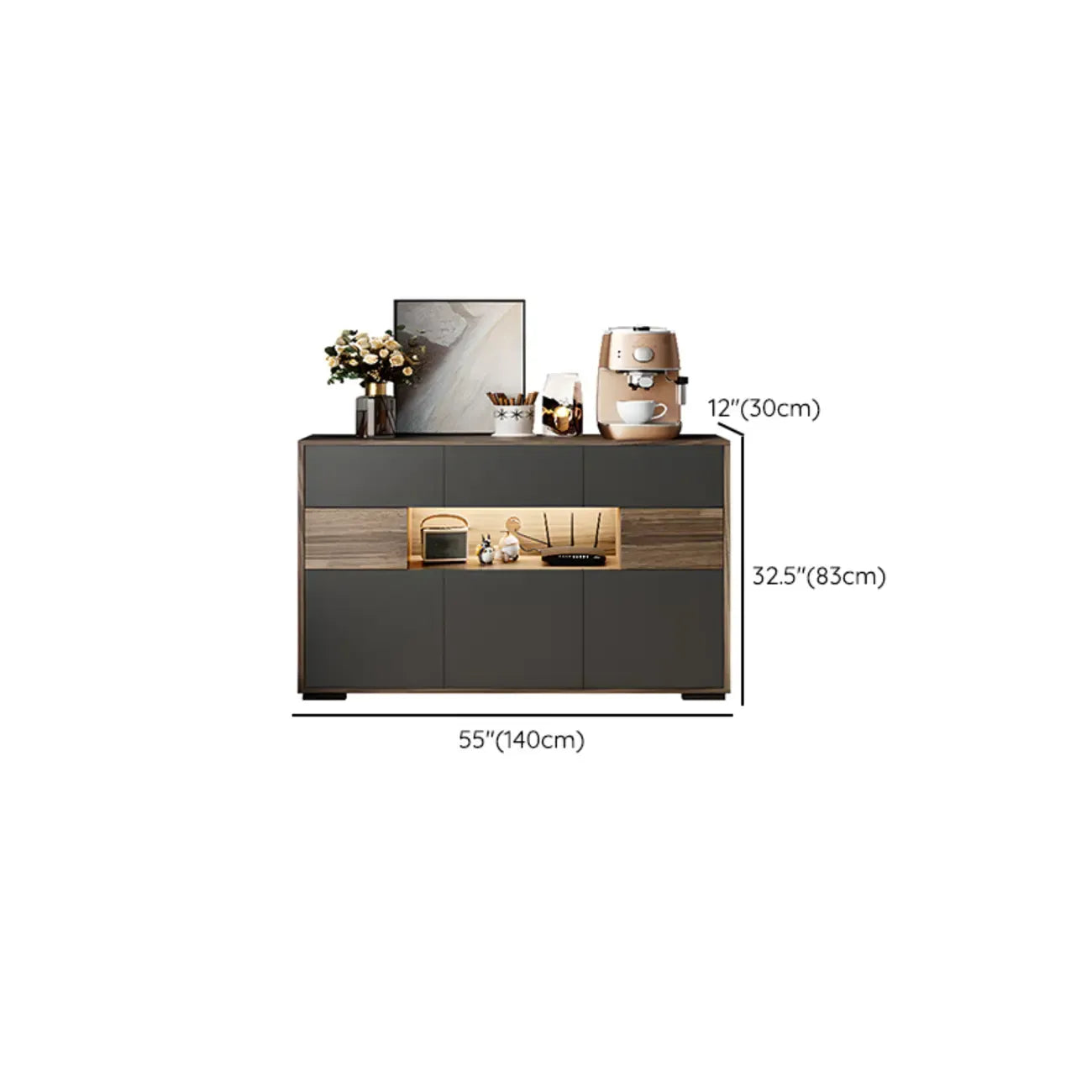 63 Black Wood Cabinet TV Stand with Open Shelving and Lights