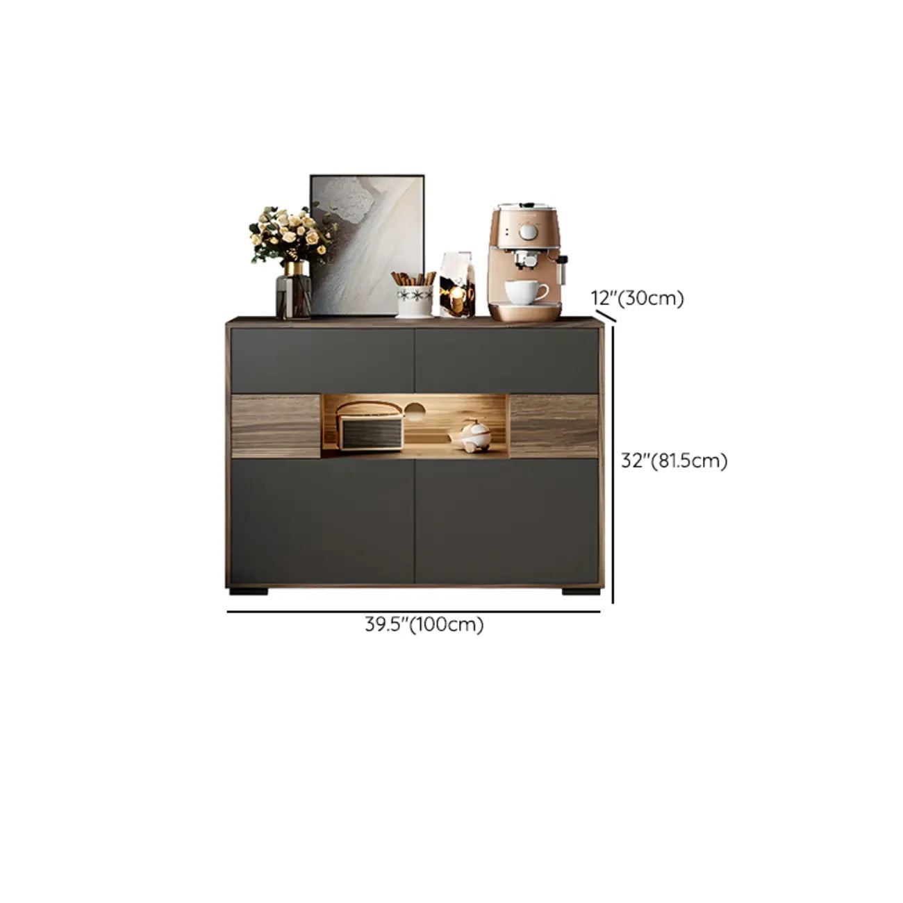 63 Black Wood Cabinet TV Stand with Open Shelving and Lights