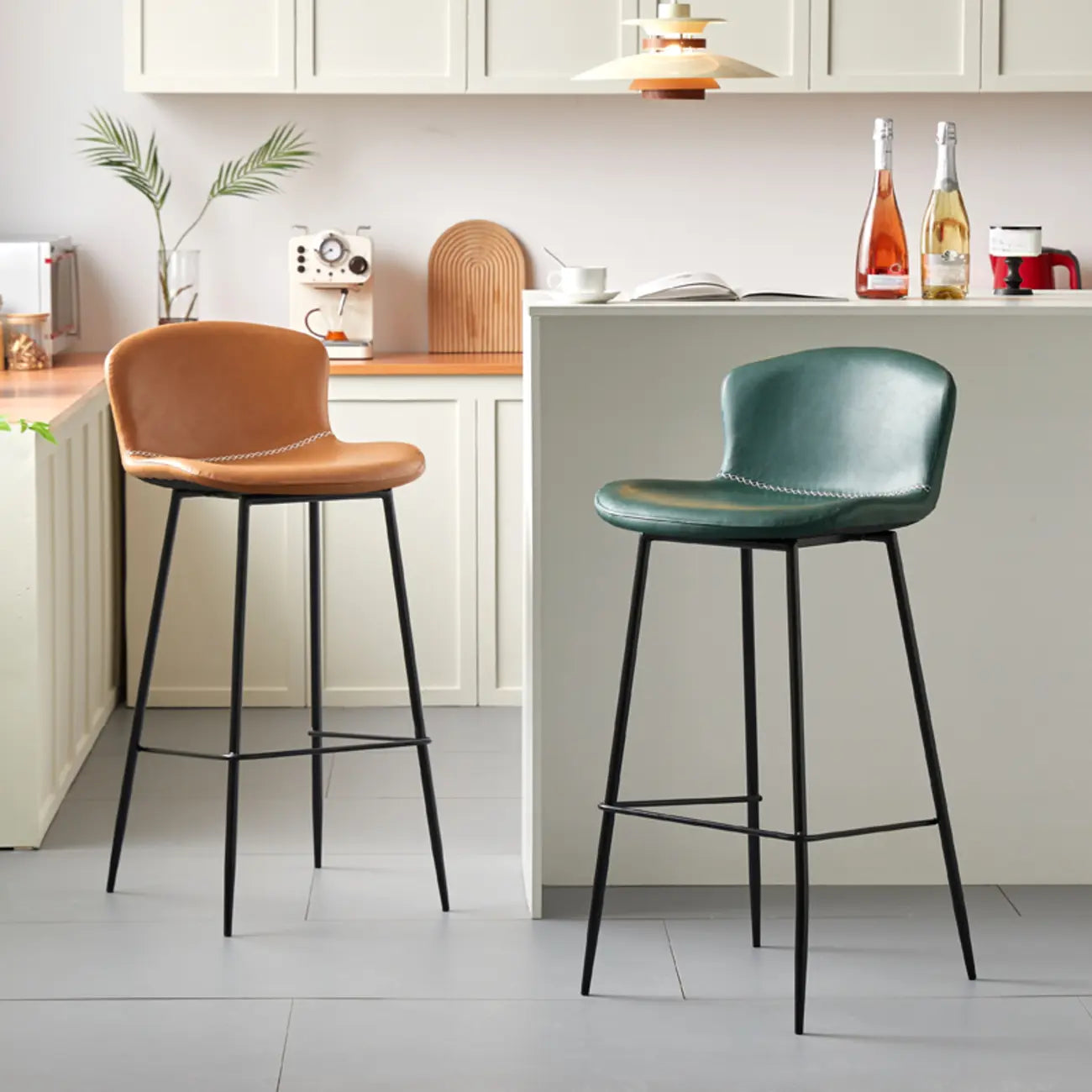 Modern Metal Frame Leather Cushion Low Back Bar Stool