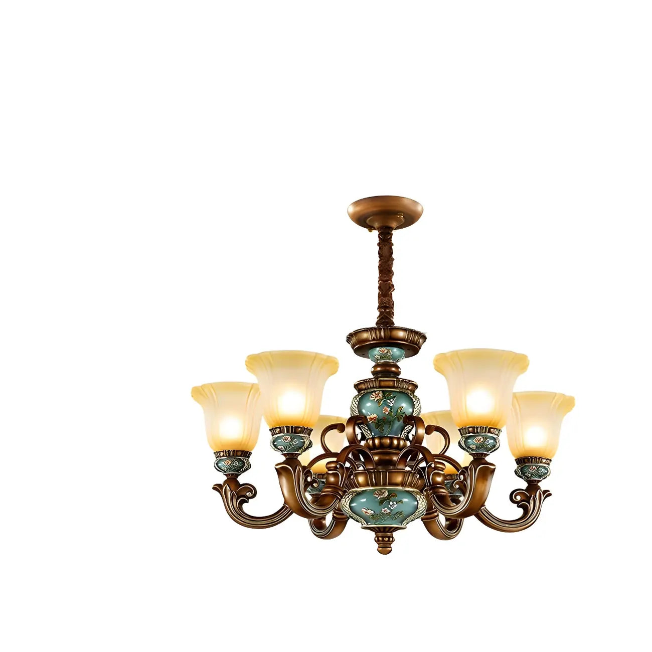 Classic Floral Copper Frosted Glass Ceramic Chandelier