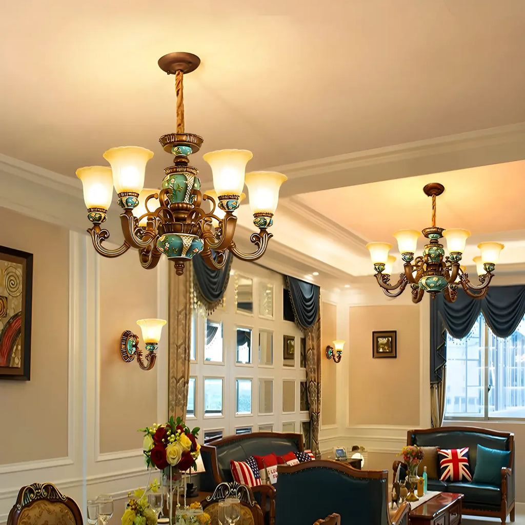 Classic Floral Copper Frosted Glass Ceramic Chandelier