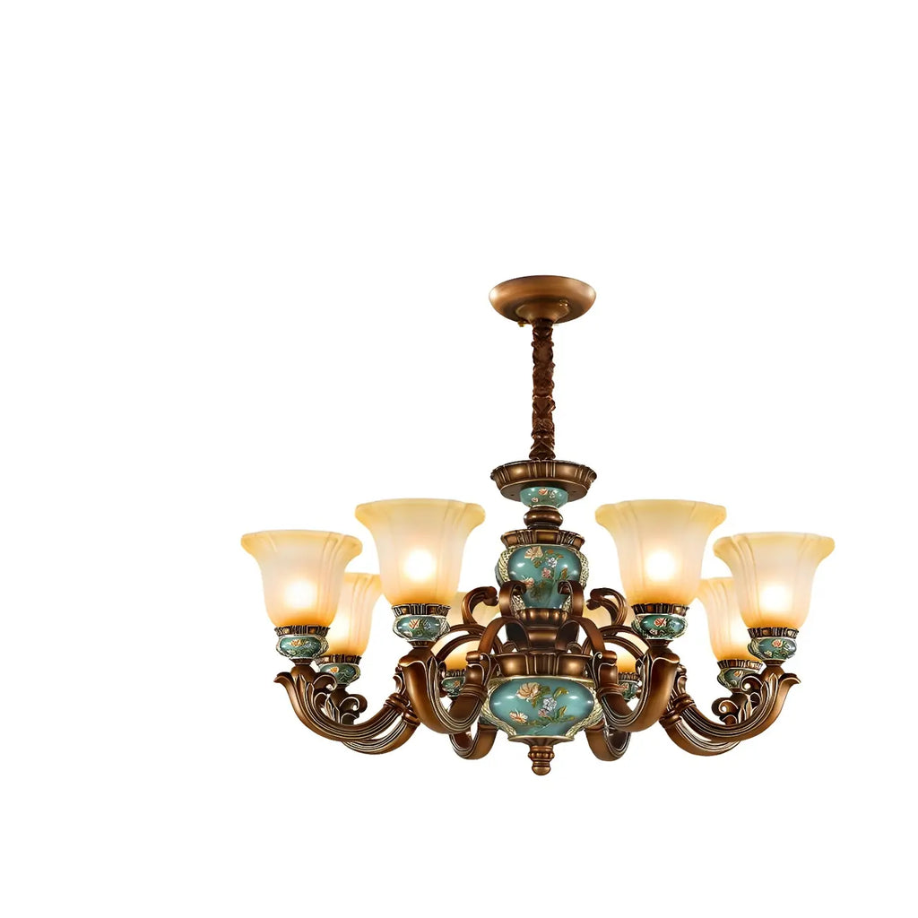 Classic Floral Copper Frosted Glass Ceramic Chandelier