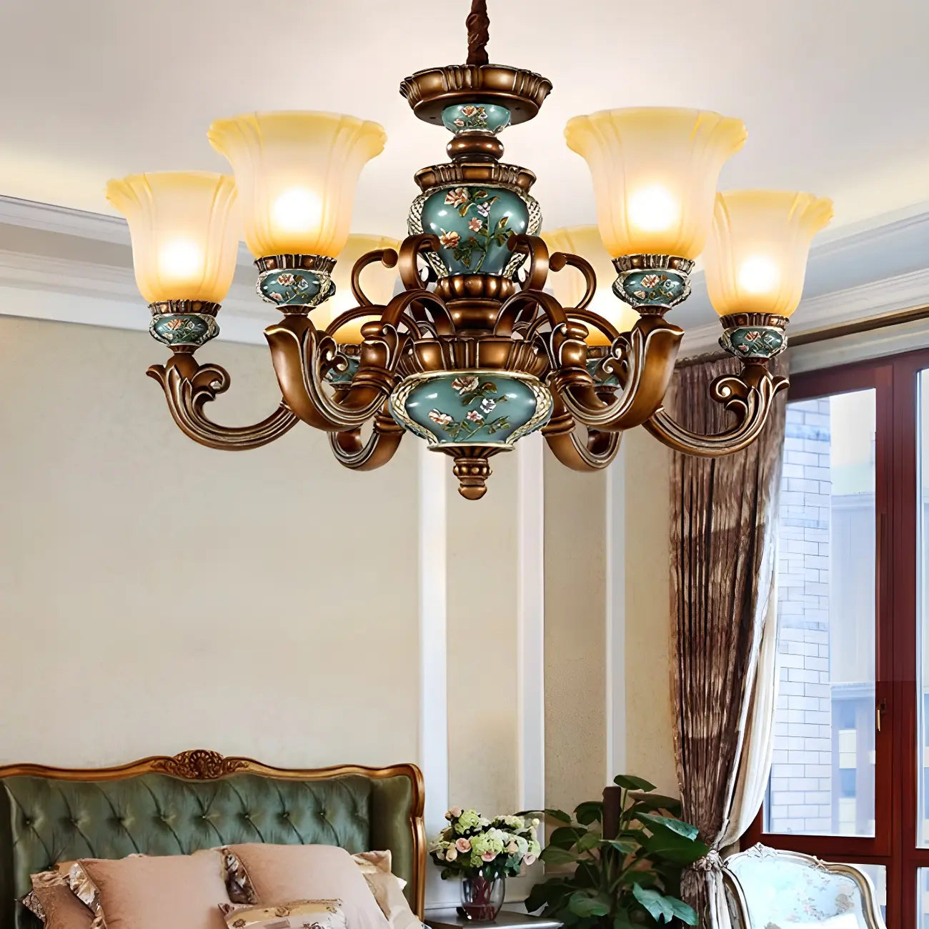 Classic Floral Copper Frosted Glass Ceramic Chandelier