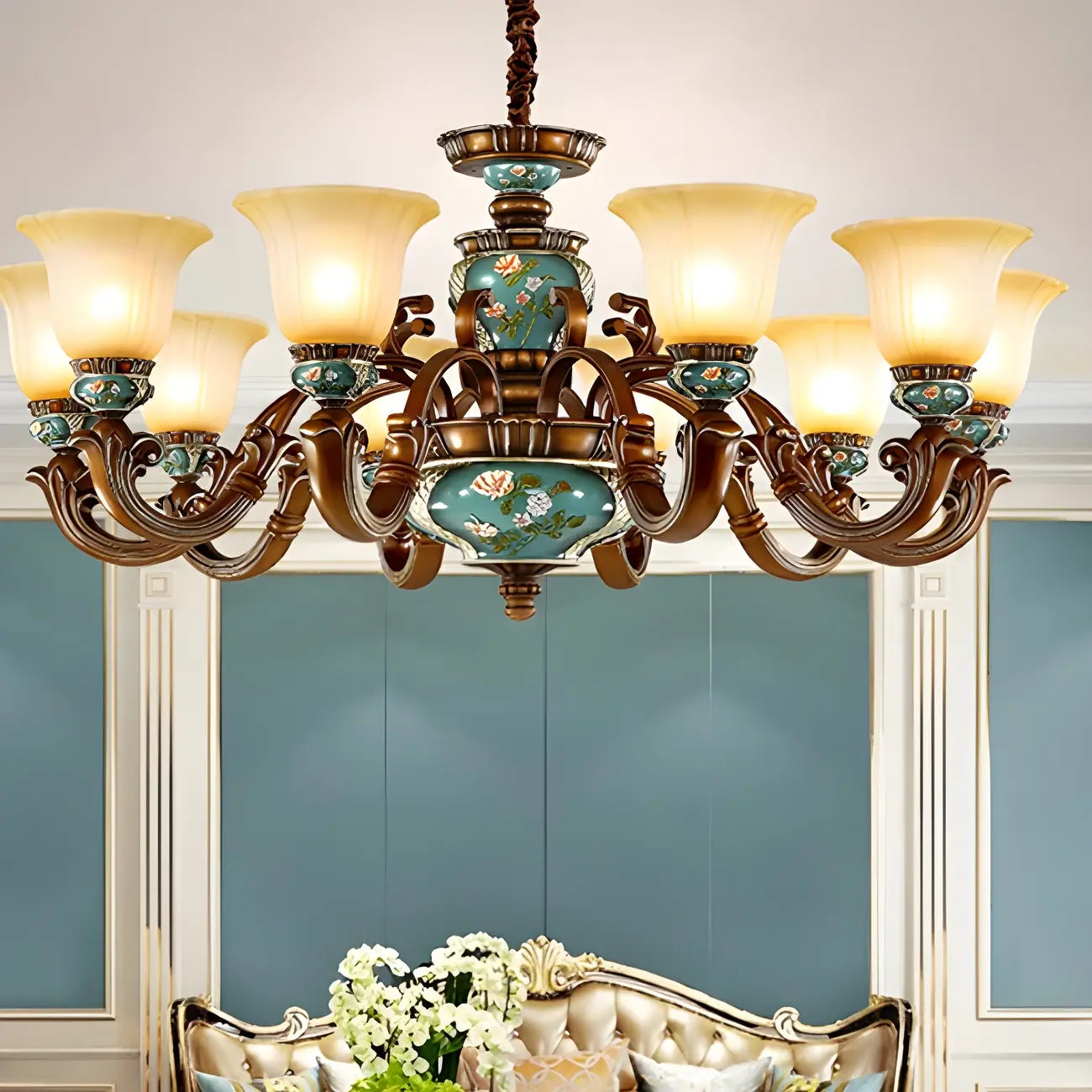 Classic Floral Copper Frosted Glass Ceramic Chandelier