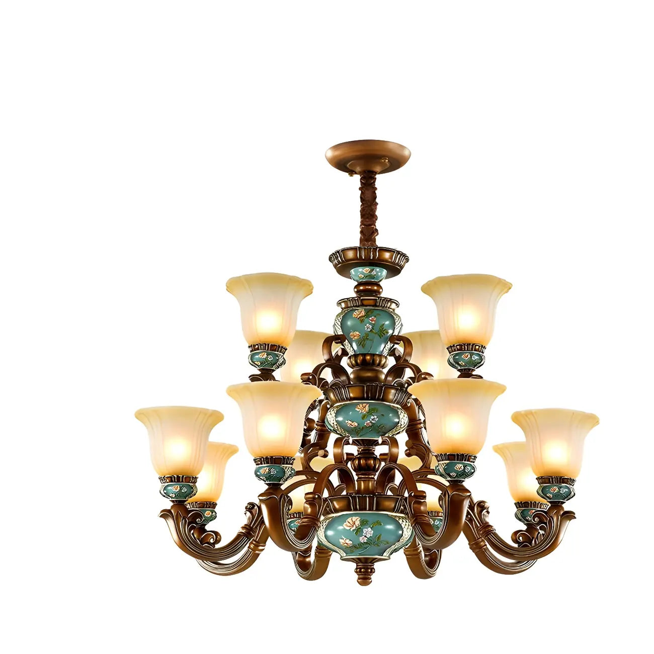 Classic Floral Copper Frosted Glass Ceramic Chandelier