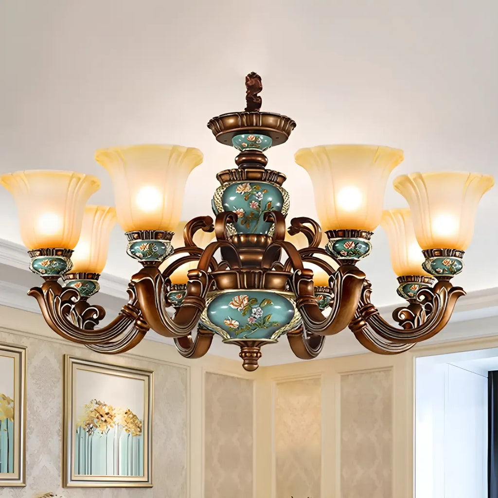 Classic Floral Copper Frosted Glass Ceramic Chandelier
