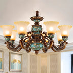 Classic Floral Copper Frosted Glass Ceramic Chandelier